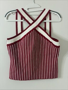 Cross-Back Ribbed Tank Top in Burgundy & White
